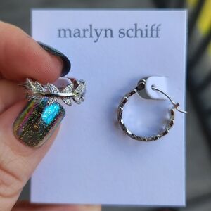 (5 For $25) New On Card Marlyn Schiff Silver Leaf CZ Dainty Hoop Earrings